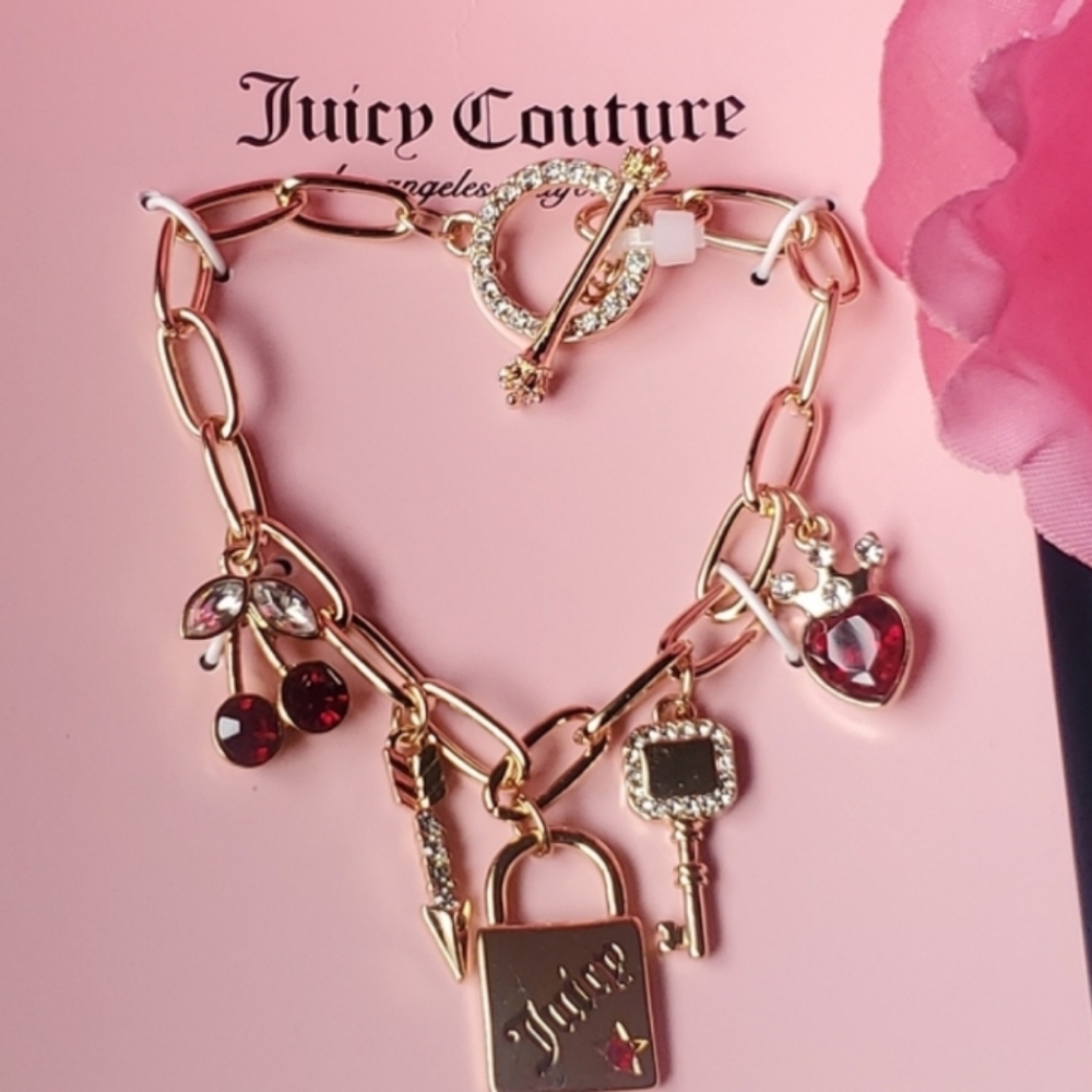 NIB Juicy Couture Gold Charm Bracelet with Red Accents